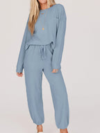 Sarah Express Women's Ribbed Round Neck Sweatshirt and Drawstring Pants Set Light Blue