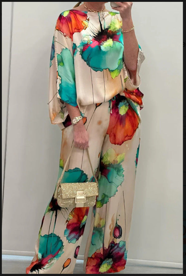 Women's Printed Satin Two-Piece Suit Bell Sleeve Top and Pants Set