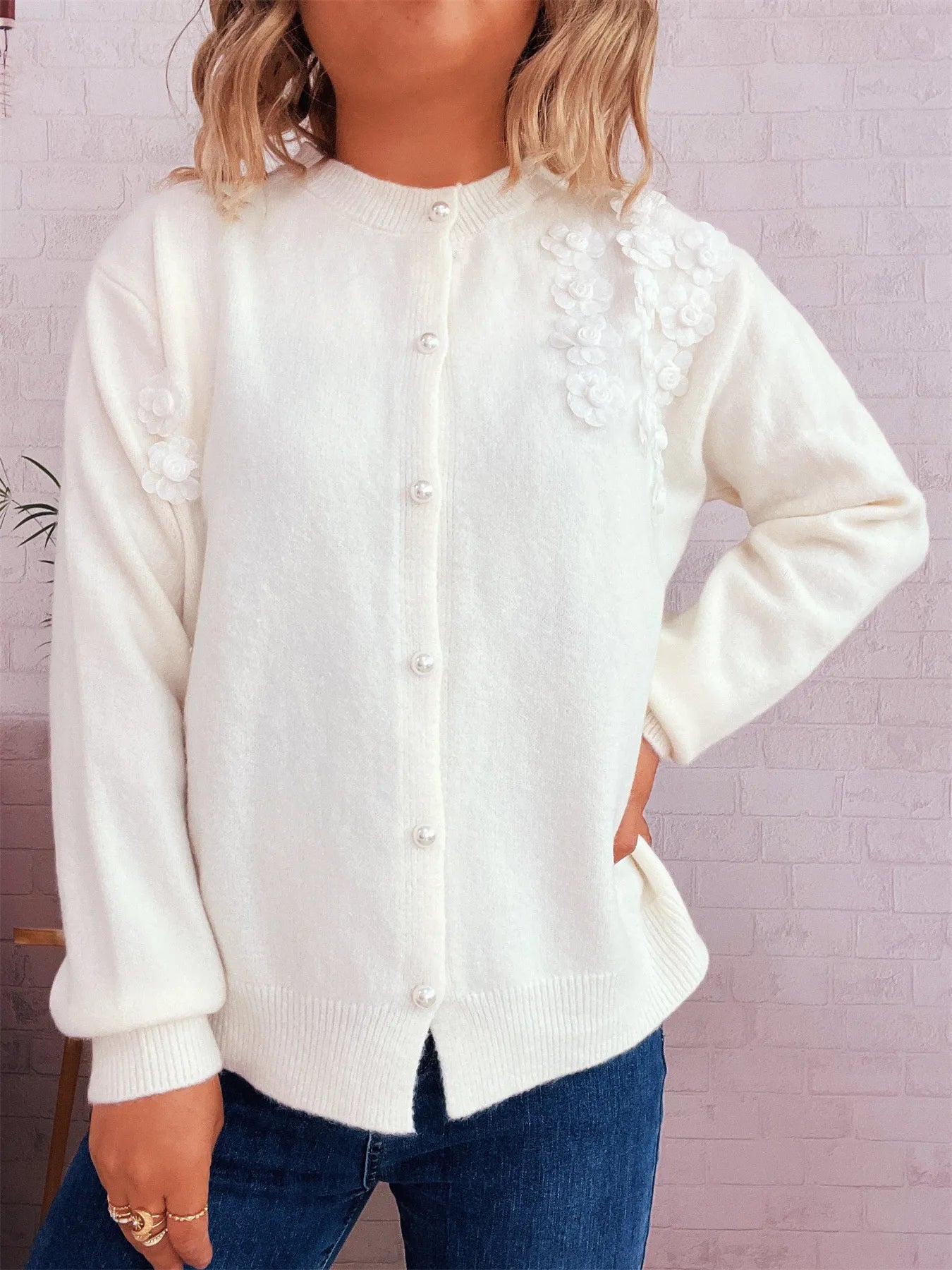 Sarah Express Women's Flower Button Up Long Sleeve Cardigan