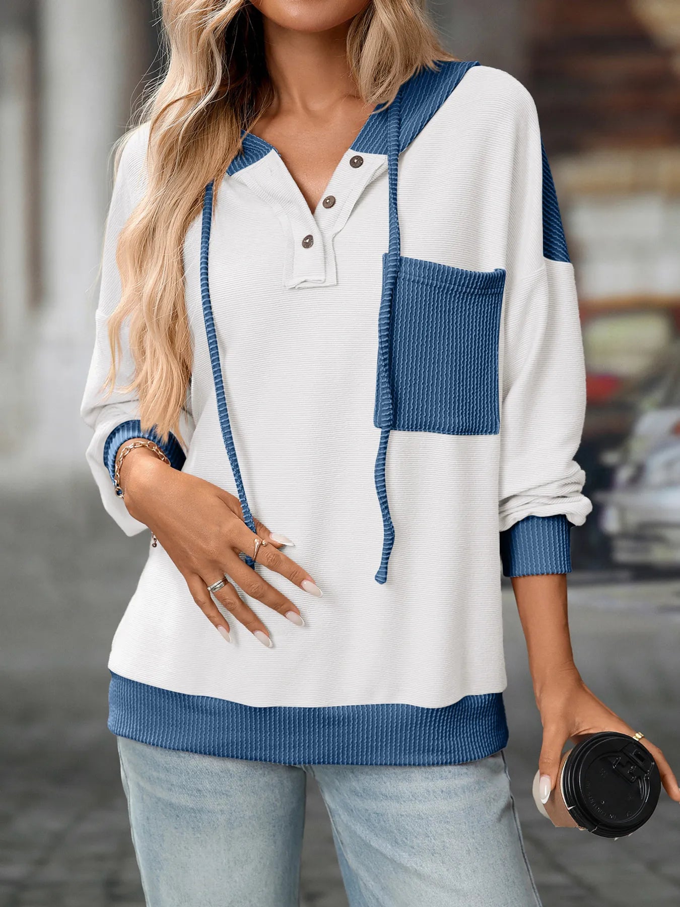 Sarah Express Women's Drawstring Button Detail Long Sleeve Hoodie