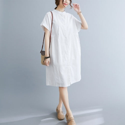 Women's Cotton Linen Stand Collar Loose Fit Dress