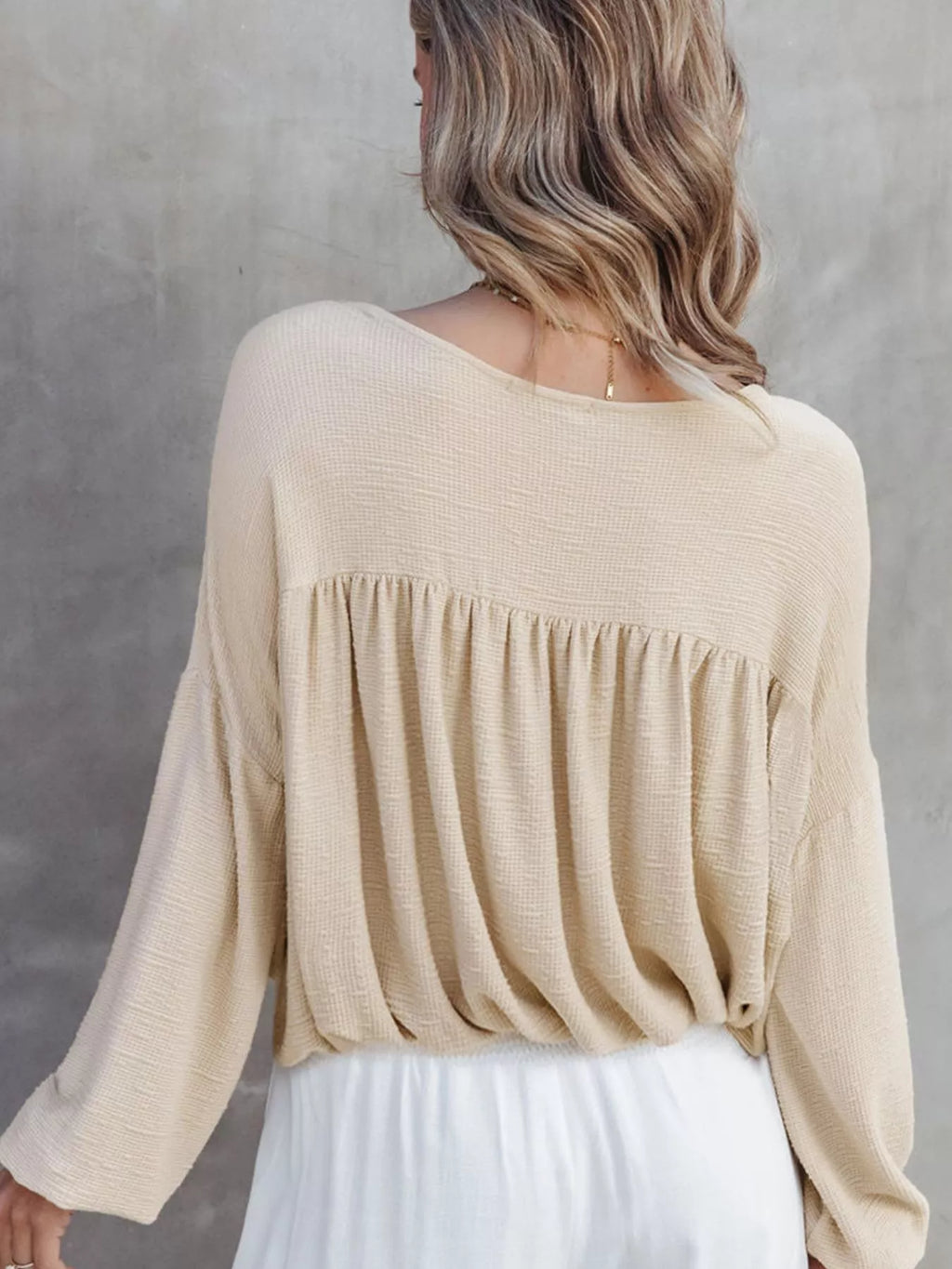 Sarah Express Women's Textured Drop Shoulder Long Sleeve Top - Babydoll Ruched Design