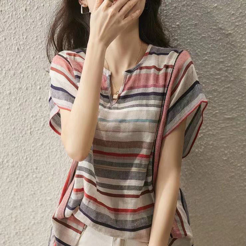 Women's Striped Long Sleeve Button-Up Shirt Loose Fit V-Neck Cardigan Top