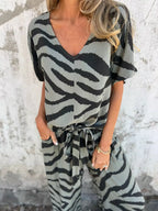 Sarah Express Women's Zebra Print V-Neck Top and Pants Set