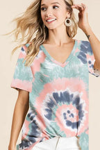 Tie Dye Print Terry V Neck Short Sleeve Top