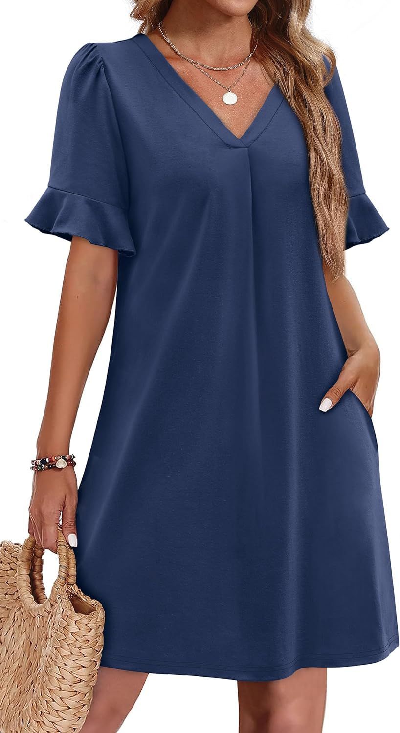 Women's V-Neck Ruffled A-Line Dress with Pockets Vacation Casual Short Sleeve