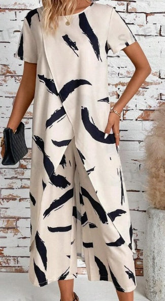 Women's Asymmetric Hem Top and Print Pants Two-Piece Casual Set