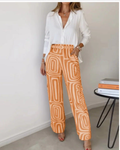 Women's 2-Piece Suit Set Lapel Shirt Wide Leg Pants Printed