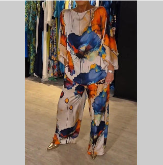 Women's Printed Satin Two-Piece Suit Bell Sleeve Top and Pants Set