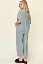 Sarah Express Women's Textured Round Neck T-Shirt and Wide Leg Pants Set