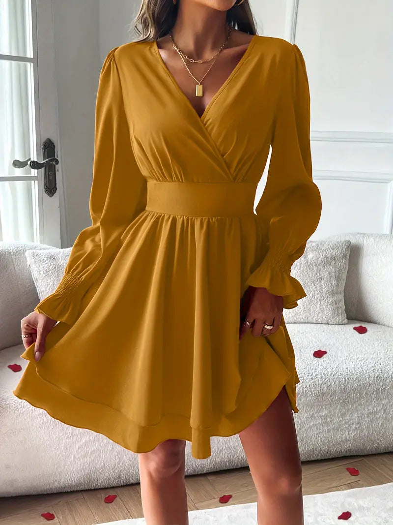 Women's V-Neck Long Sleeve Double Layer Skirt Work Dress