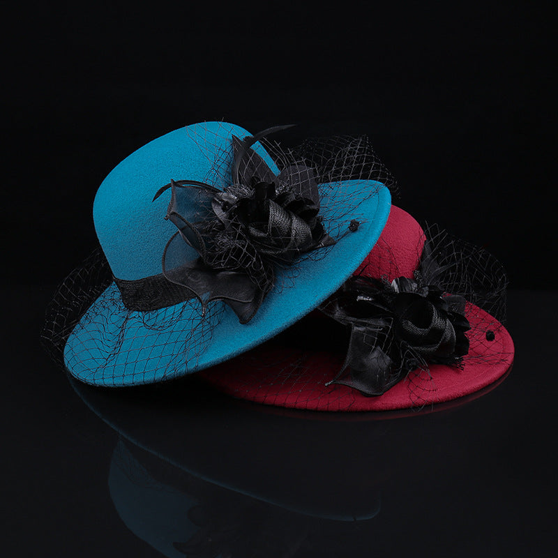 Women's Woolen Cloche Hat Floral Net Veil Dome Style