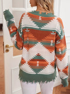 Sarah Express Women's Geometric Frayed Hem V-Neck Long Sleeve Sweater