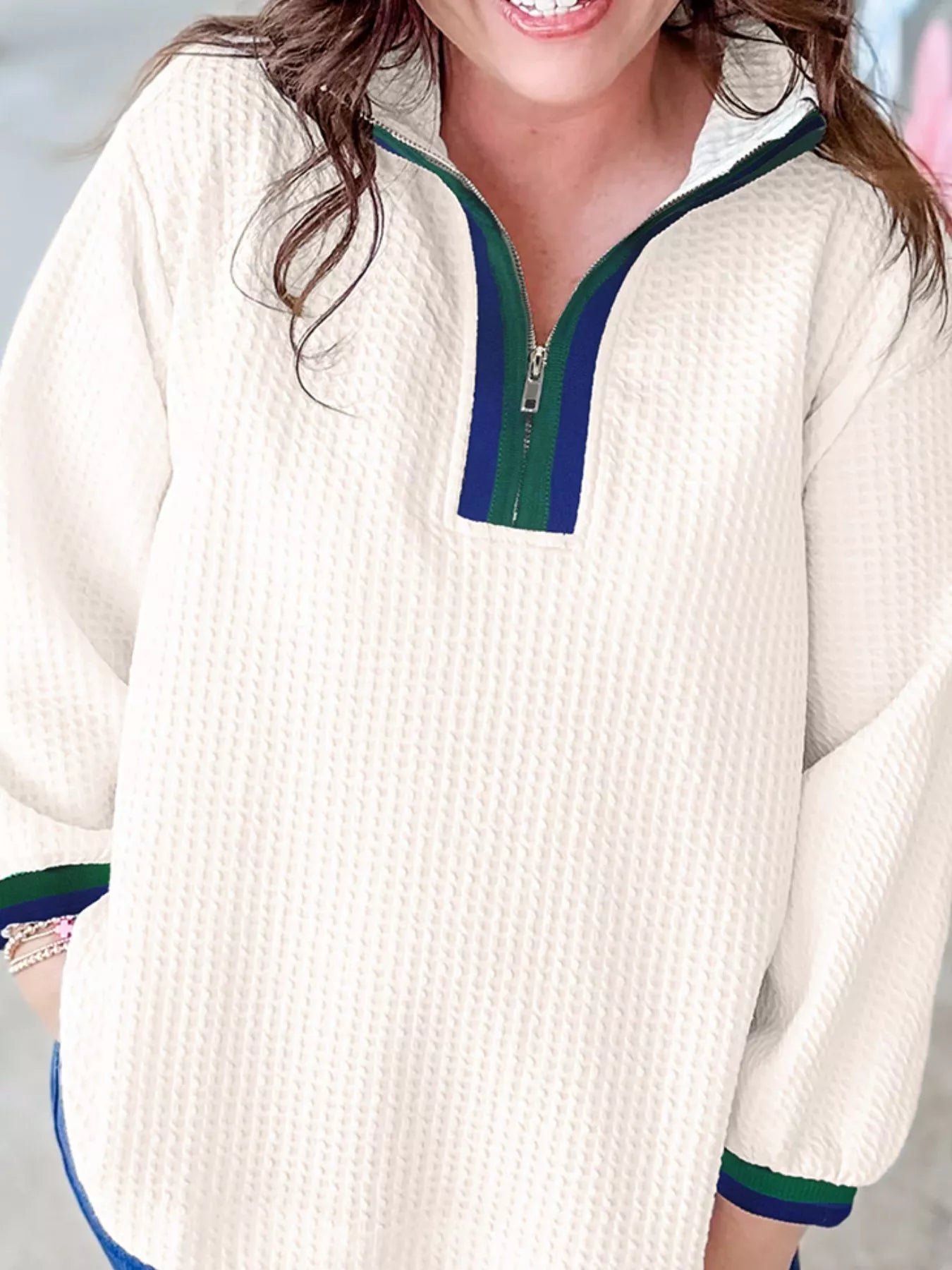 Sarah Express Women's Textured Waffle Knit Half-Zip Sweatshirt