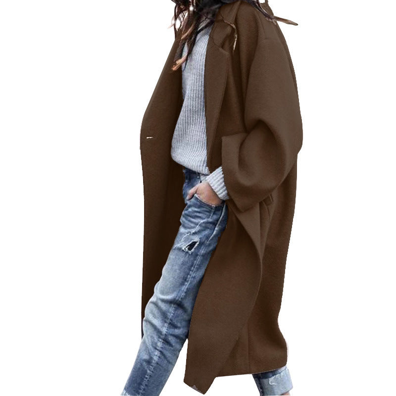 Women's Single Breasted Woolen Lapel Coat with Pockets Long Winter Jacket