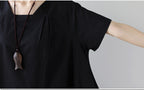 Women's Cotton Linen Midi Dress Short Sleeve Color Block - Casual Plus Size One Size Black