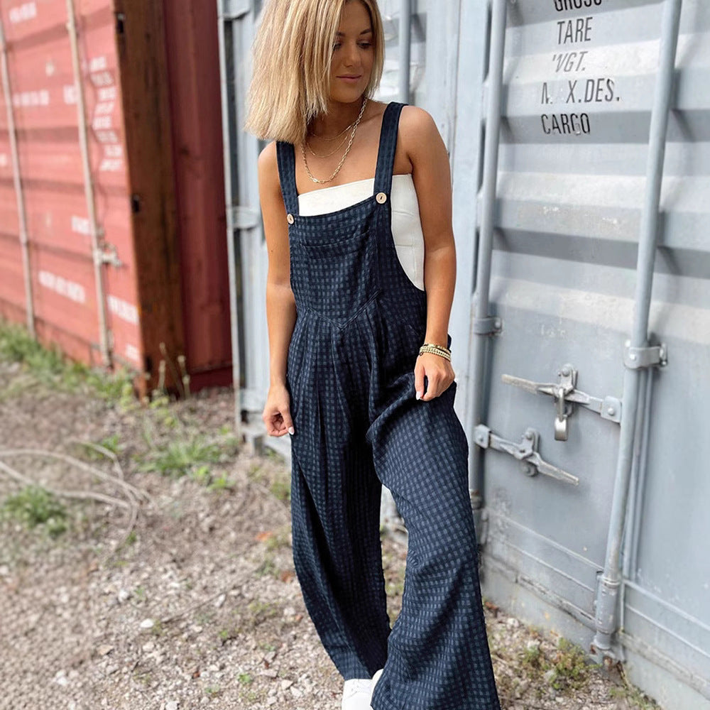 Women's High Waist Straight Leg Jumpsuit Sleeveless Casual Dark Blue