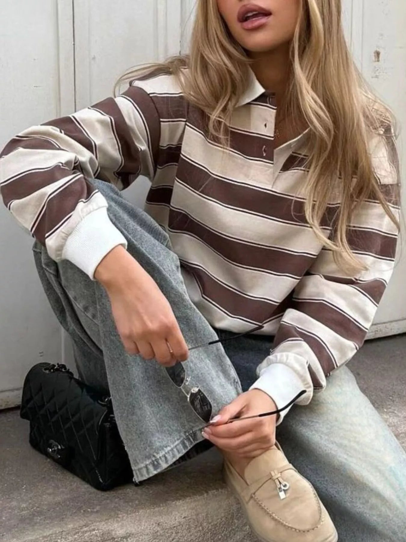 Sarah Express Women's Striped Button Detail Long Sleeve Polo