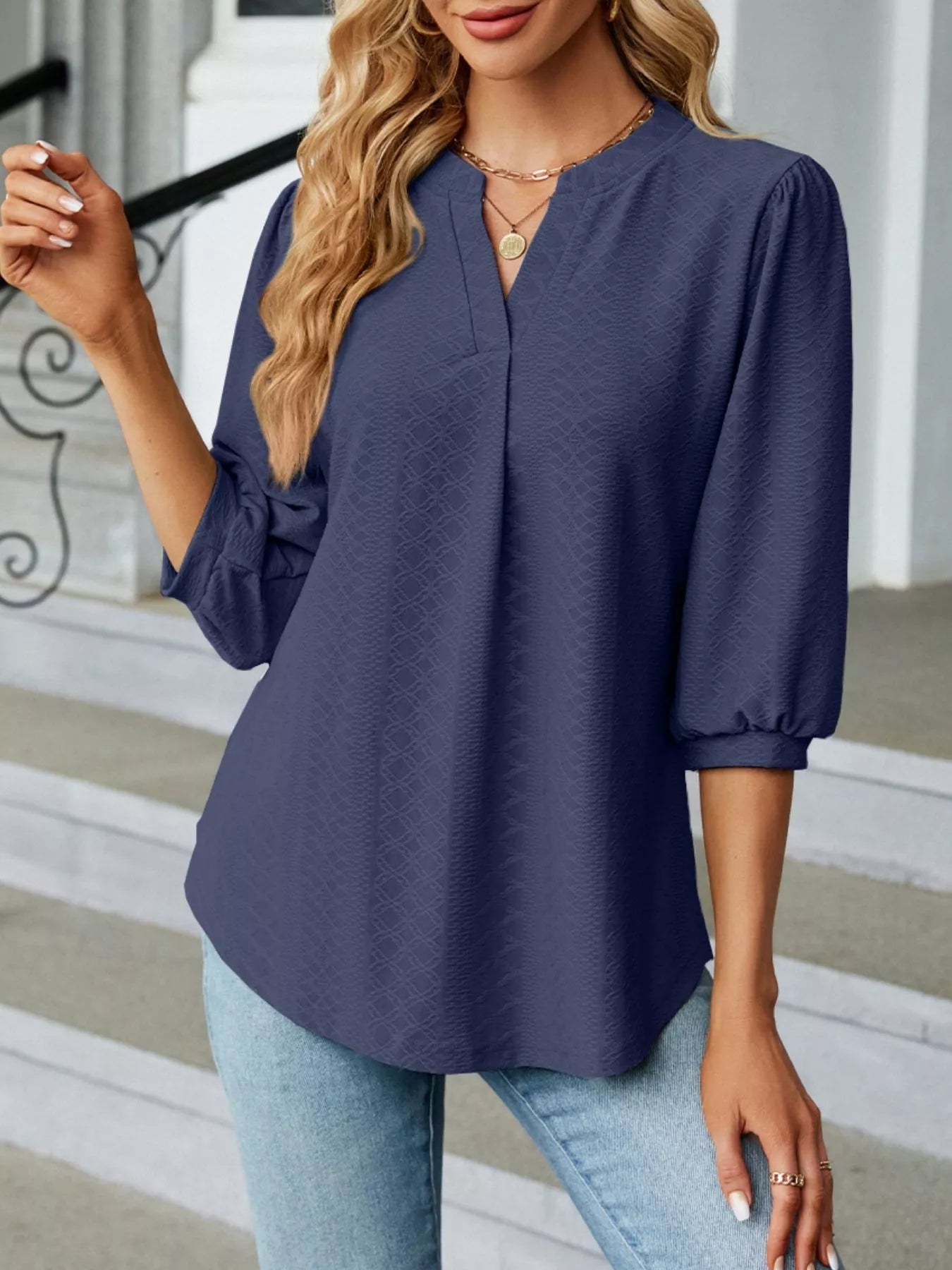 Sarah Express Women's Notched 3/4 Sleeve Casual Top