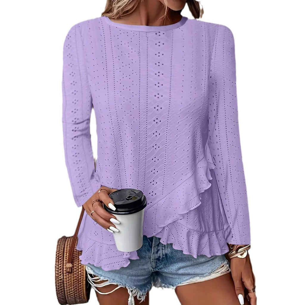 Women's Solid Color Long Sleeve Pullover Top Round Neck Loose Fit
