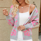 Women's Leopard Print Cardigan Sweater - V-Neck Button Front Knit