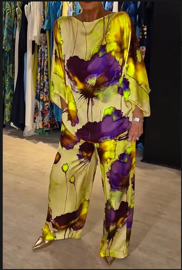 Women's Printed Satin Two-Piece Suit Bell Sleeve Top and Pants Set