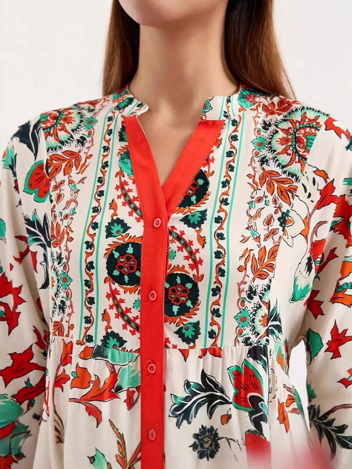 Sarah Express Women's Printed Notched Long Sleeve Maxi Dress