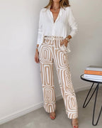 Women's 2-Piece Suit Set Lapel Shirt Wide Leg Pants Printed