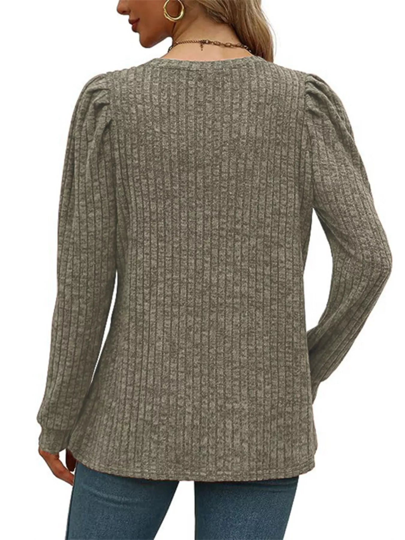 Sarah Express Women's Ribbed Knit Top with Puff Sleeves