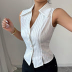 Striped Sleeveless Button-Down Blouse Slim Fit