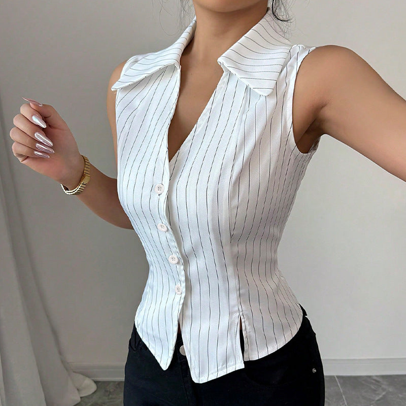 Striped Sleeveless Button-Down Blouse Slim Fit