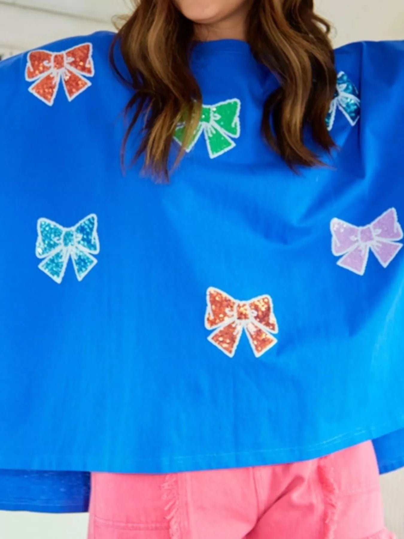 Sarah Express Women's Sequin Bow Round Neck T-Shirt - Oversized Casual Top