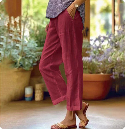 Women's Cotton Straight Leg Pants - Casual Mid-Waist Loose Fit Trousers