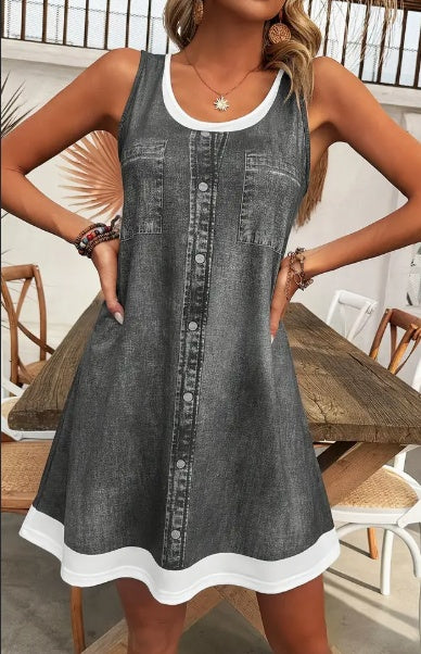 Women's Color Block Sleeveless Beach Dress Round Neck Casual Summer Dress