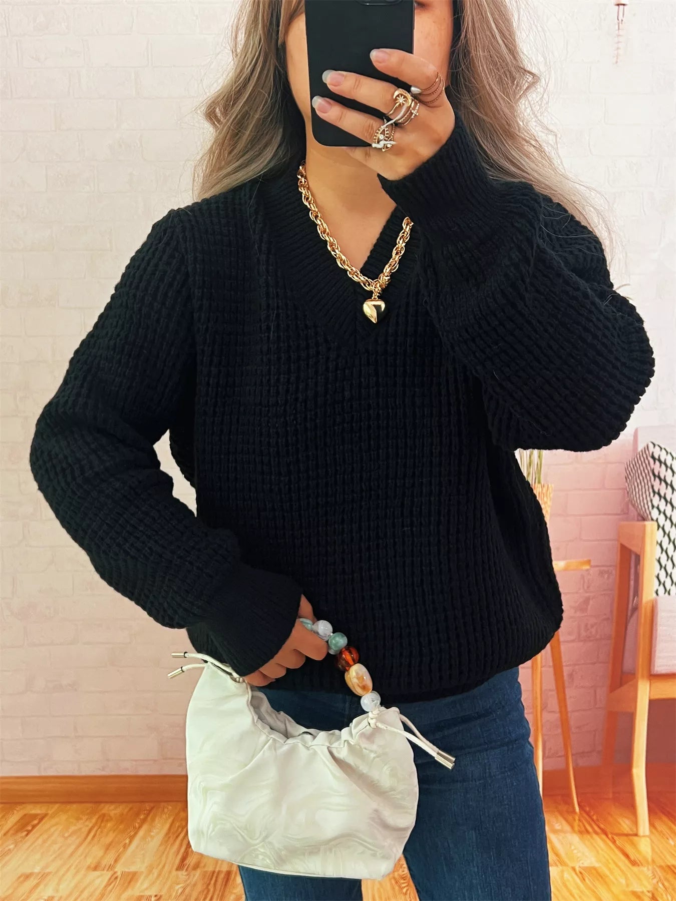 Sarah Express Women's V-Neck Textured Knit Sweater