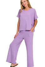 Sarah Express Women’s Slub Knit Lounge Set with Top and Wide Leg Pants