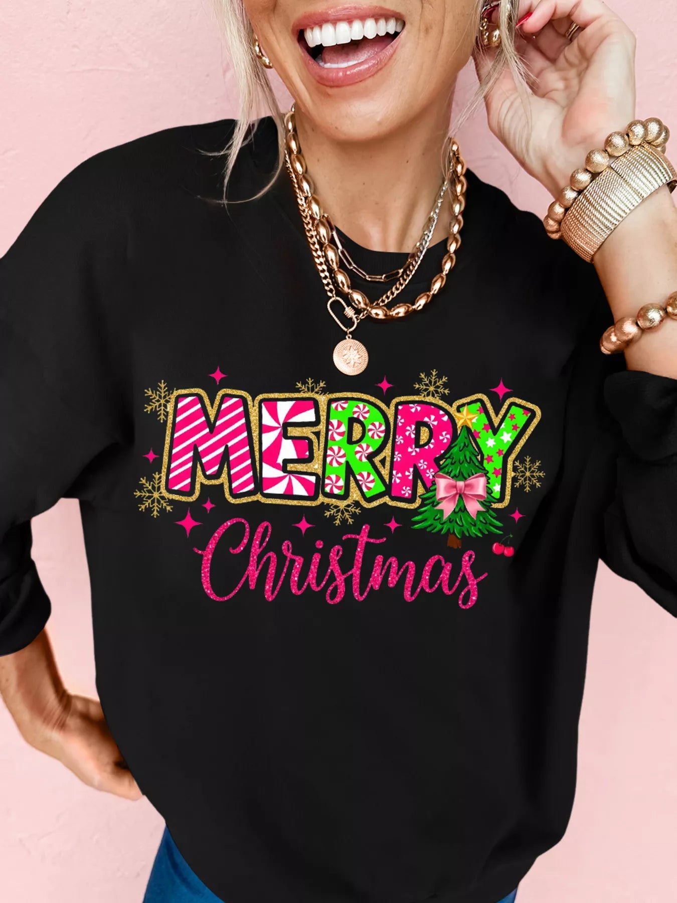 Sarah Express Women's MERRY Christmas Letter Graphic Drop Shoulder Sweatshirt