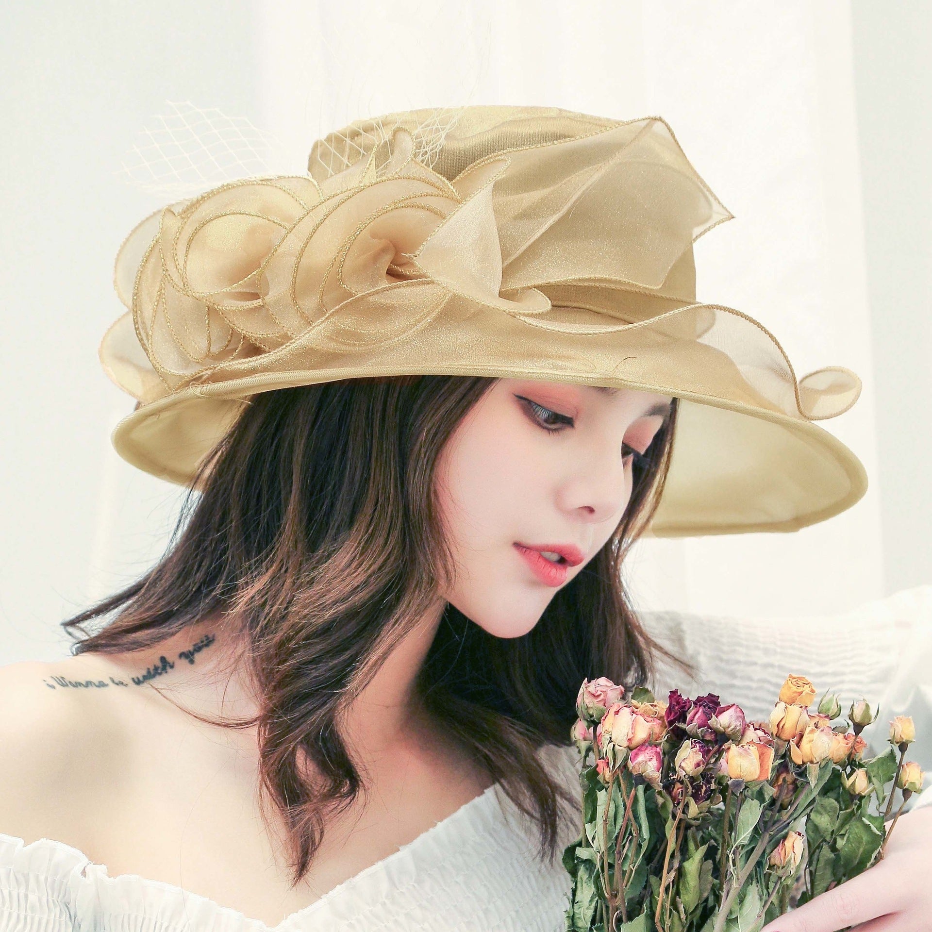 Women's Mesh Organza Bowler Sun Hat Breathable Foldable
