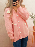 Sarah Express Women's Flower Heart Button Long Sleeve Cardigan