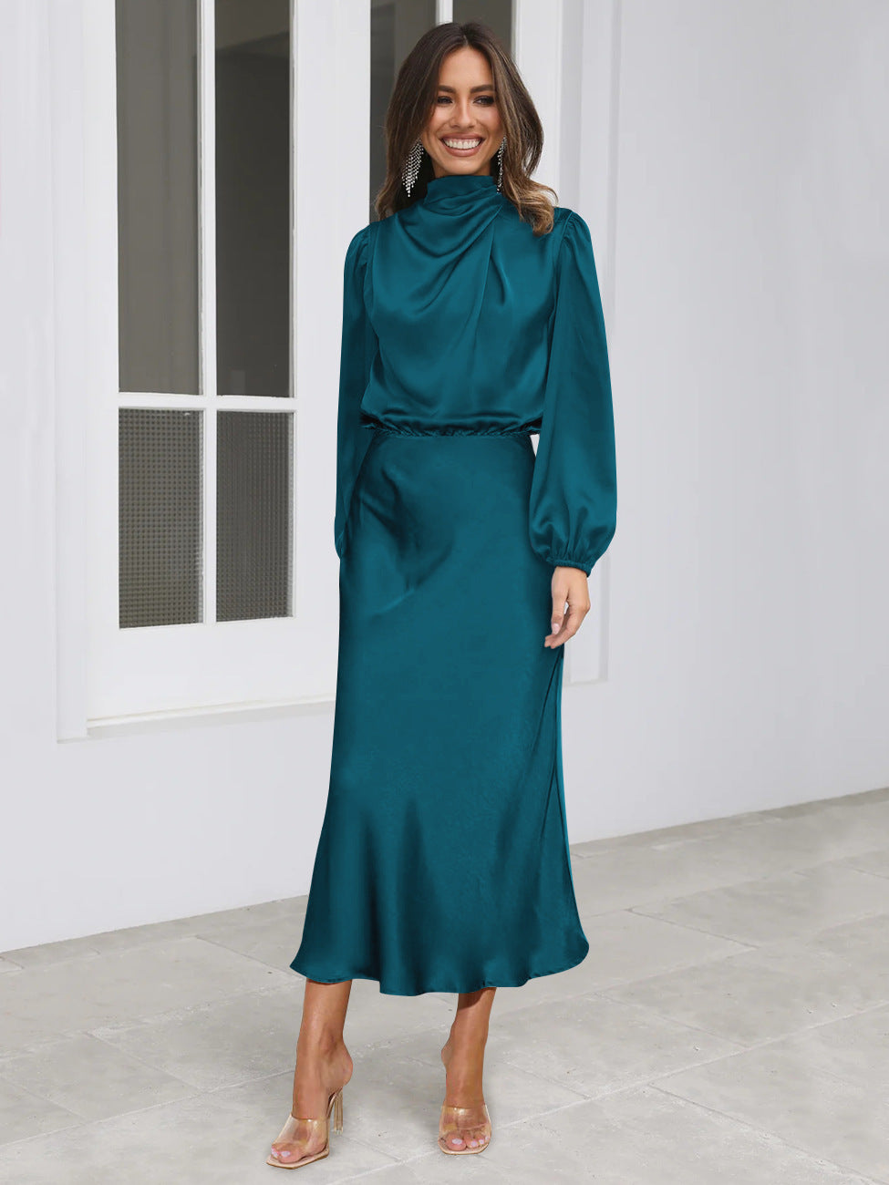 Women's Satin Formal Dress Halter Neck Long Sleeve Evening Midi Elegant