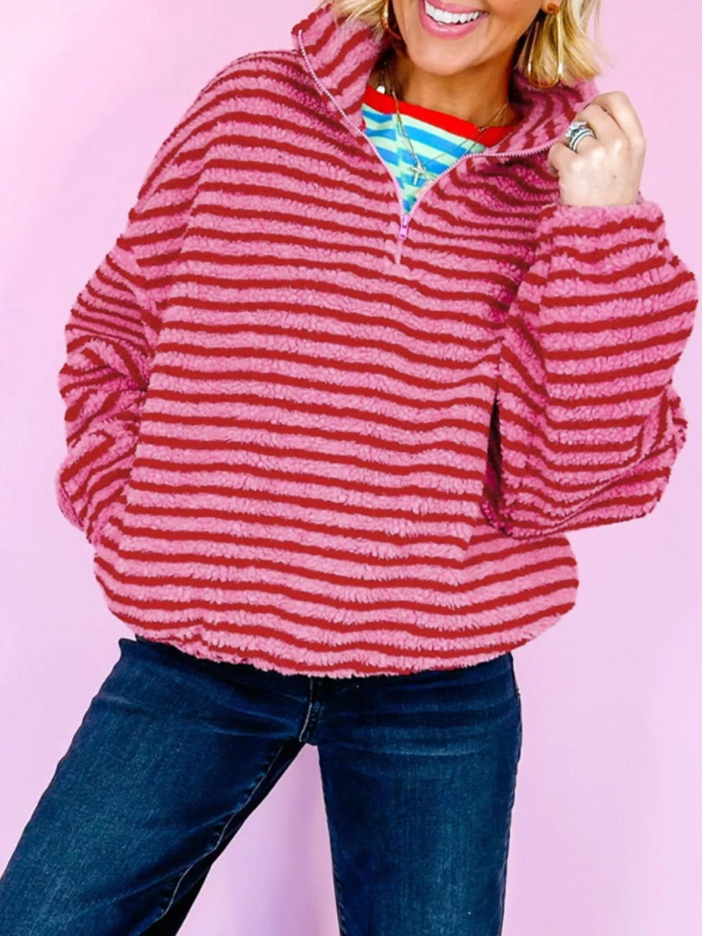 Sarah Express Women's Striped Quarter-Zip Fleece Sweatshirt Strawberry