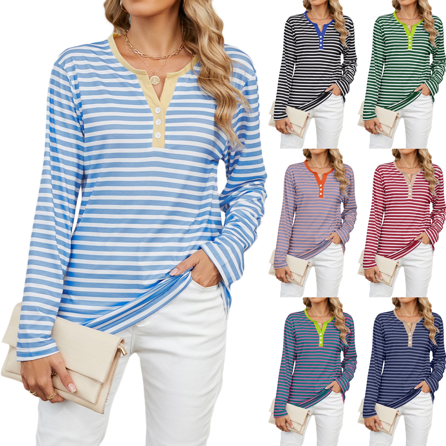 Sarah Express Women's V-Neck Striped Long Sleeve T-Shirt Loose Fit Casual Top