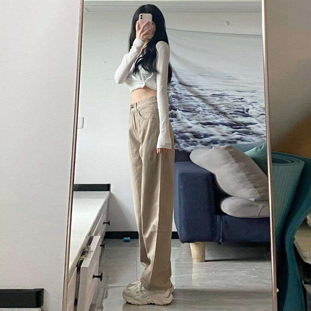 High Waist Wide Leg Jeans for Women Cotton Khaki Retro Straight Pants