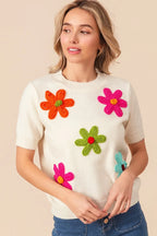 Sarah Express Women’s Short Sleeve Sweater with Crochet Flower Patches
