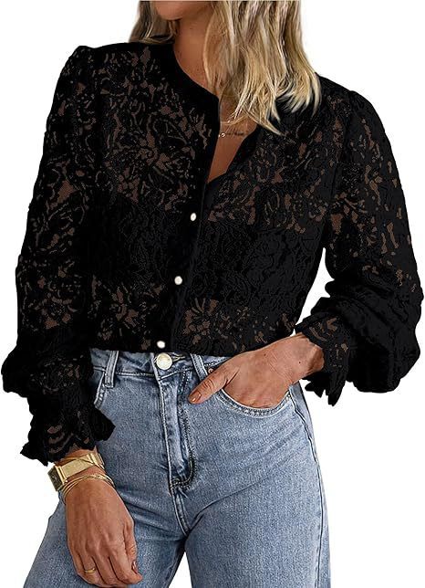 Women's Lace Button Front Shirt Long Sleeve Elegant Blouse