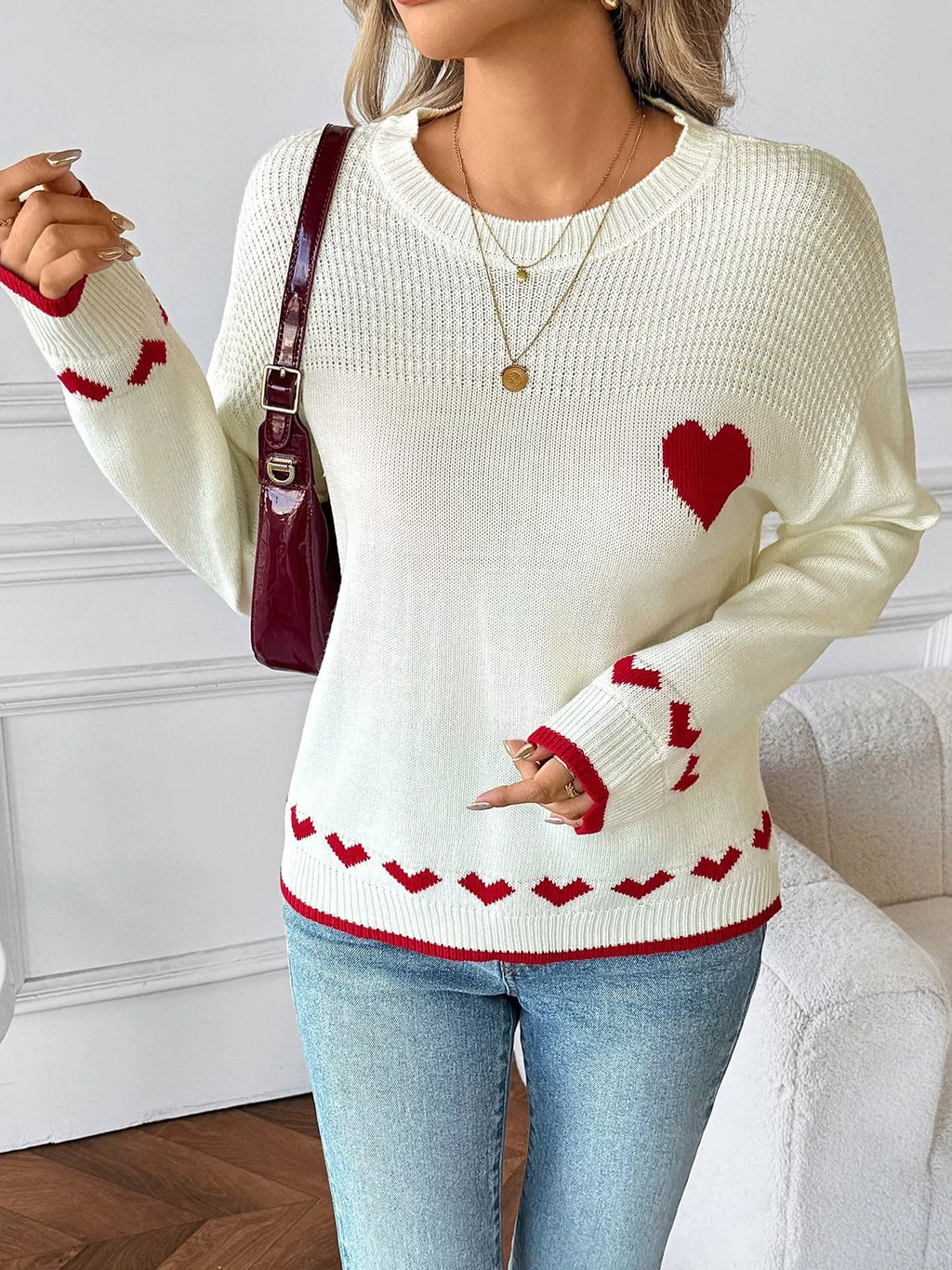 Sarah Express Women's Heart Pattern Dropped Shoulder Sweater
