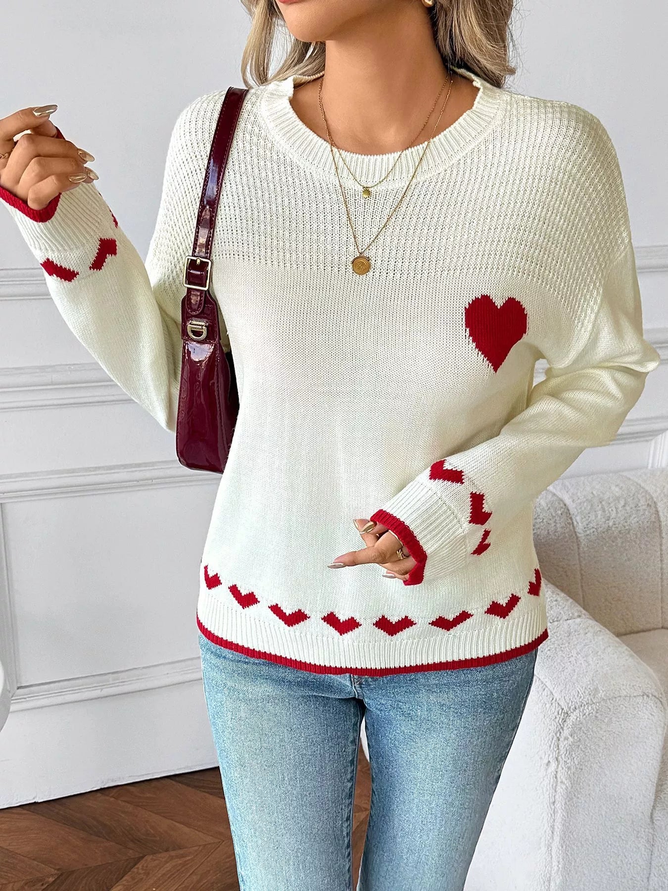 Sarah Express Women's Heart Pattern Dropped Shoulder Sweater