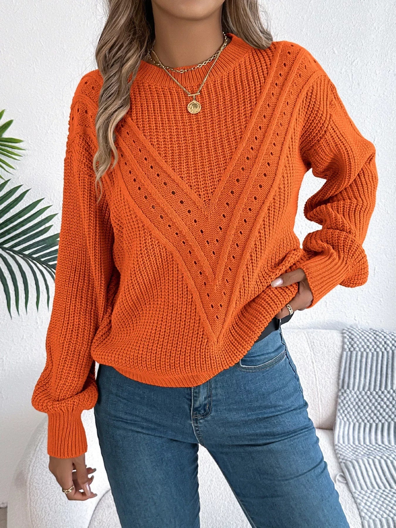 Sarah Express Women's Openwork Round Neck Sweater Orange