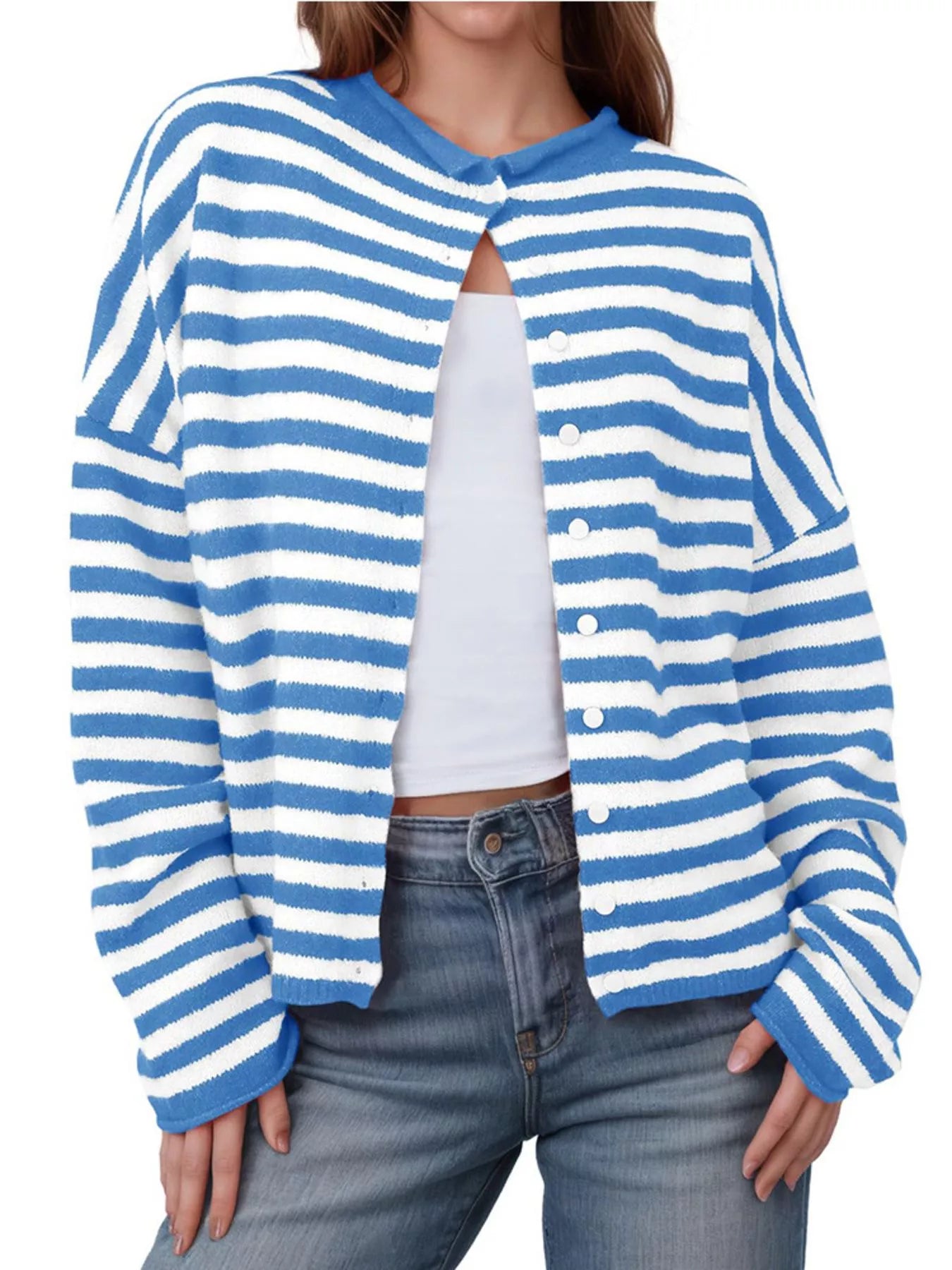 Sarah Express Women's Striped Button-Up Cardigan Blue