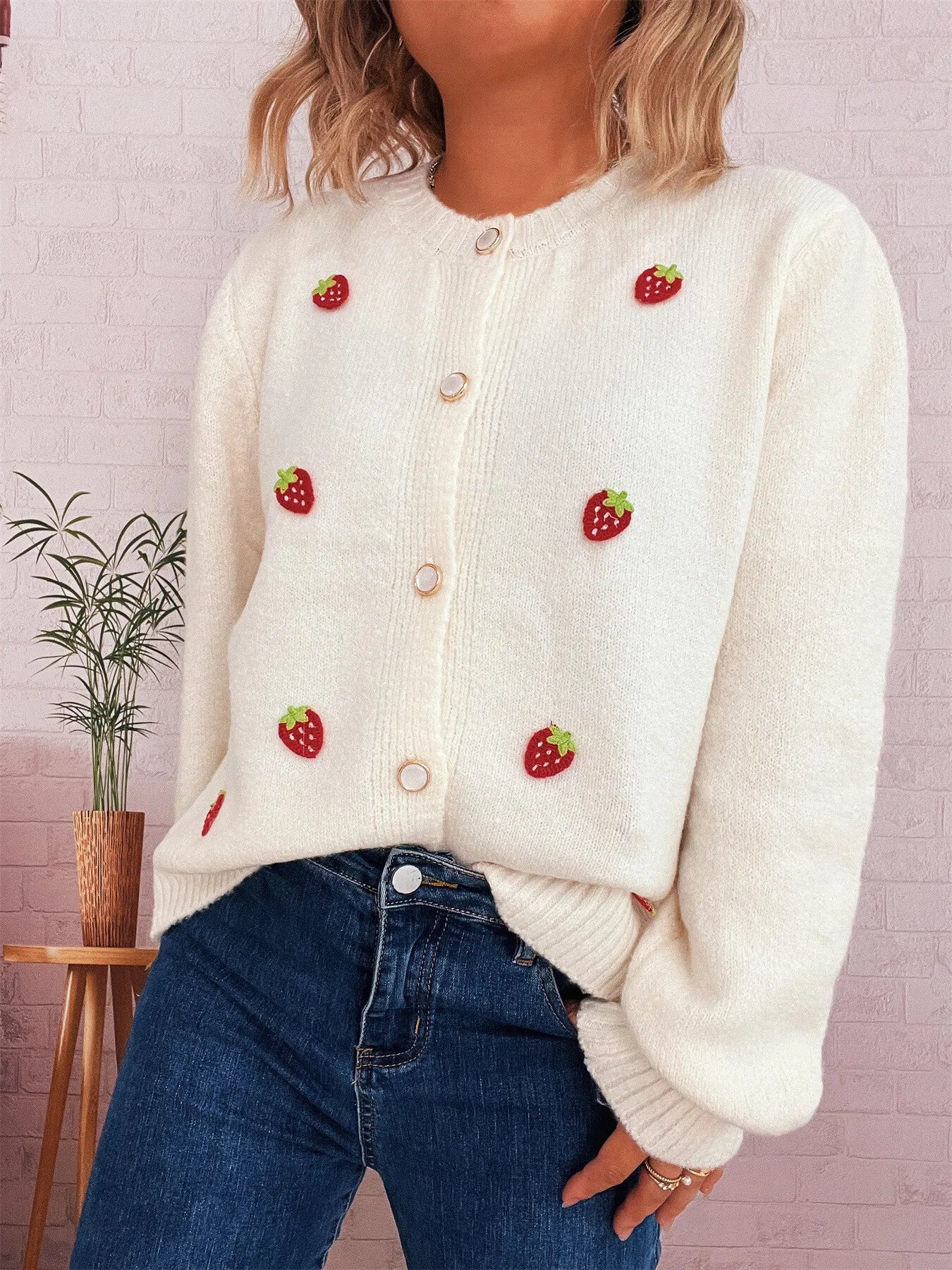 Sarah Express Women's Strawberry Button Up Long Sleeve Cardigan